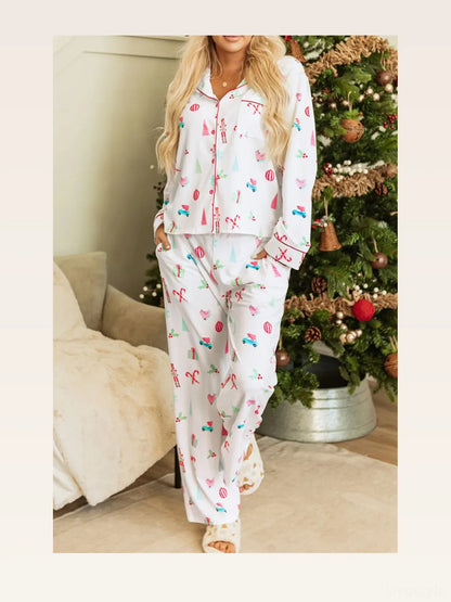 Christmas Printed Collared Neck Top and Pants Lounge Set — styled showcase — Livostyle