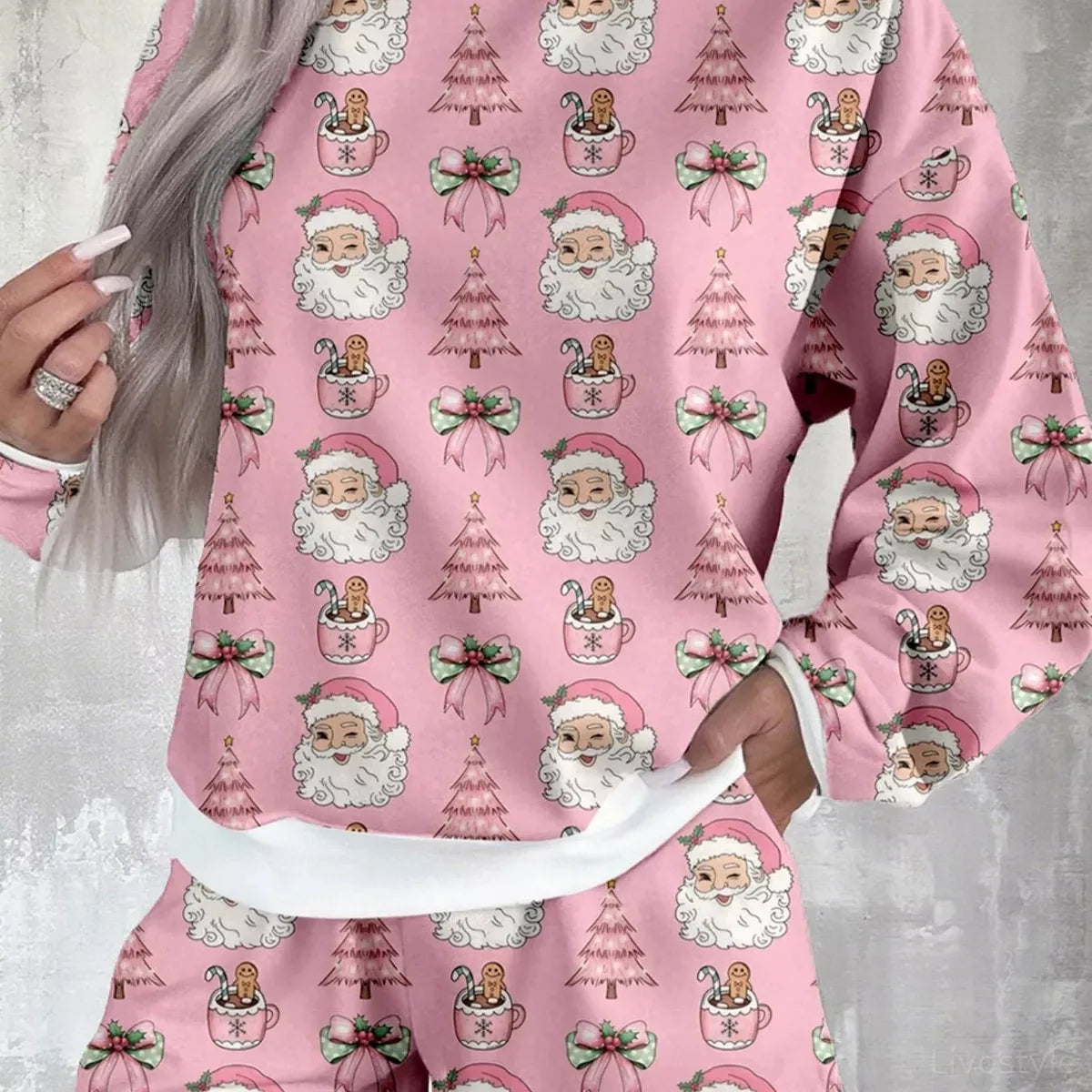 Christmas Santa Print Round Neck Top and Shorts Lounge Set — square view — Livostyle