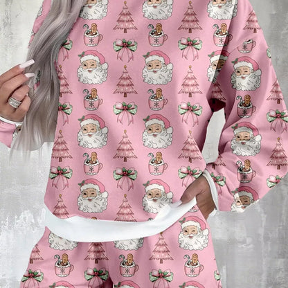 Christmas Santa Print Round Neck Top and Shorts Lounge Set — square view — Livostyle