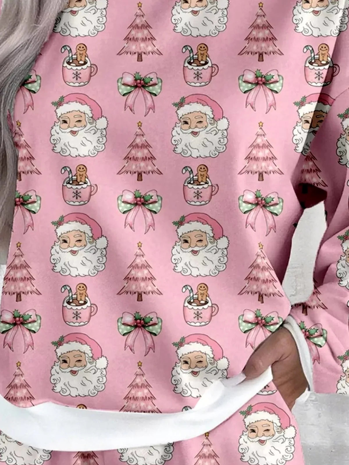 Christmas Santa Print Round Neck Top and Shorts Lounge Set — detail view — Livostyle