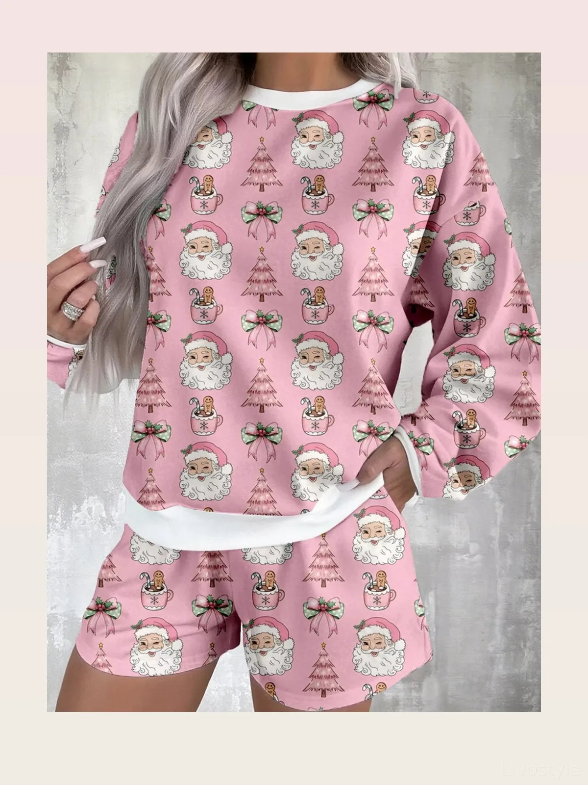 Christmas Santa Print Round Neck Top and Shorts Lounge Set — styled showcase — Livostyle