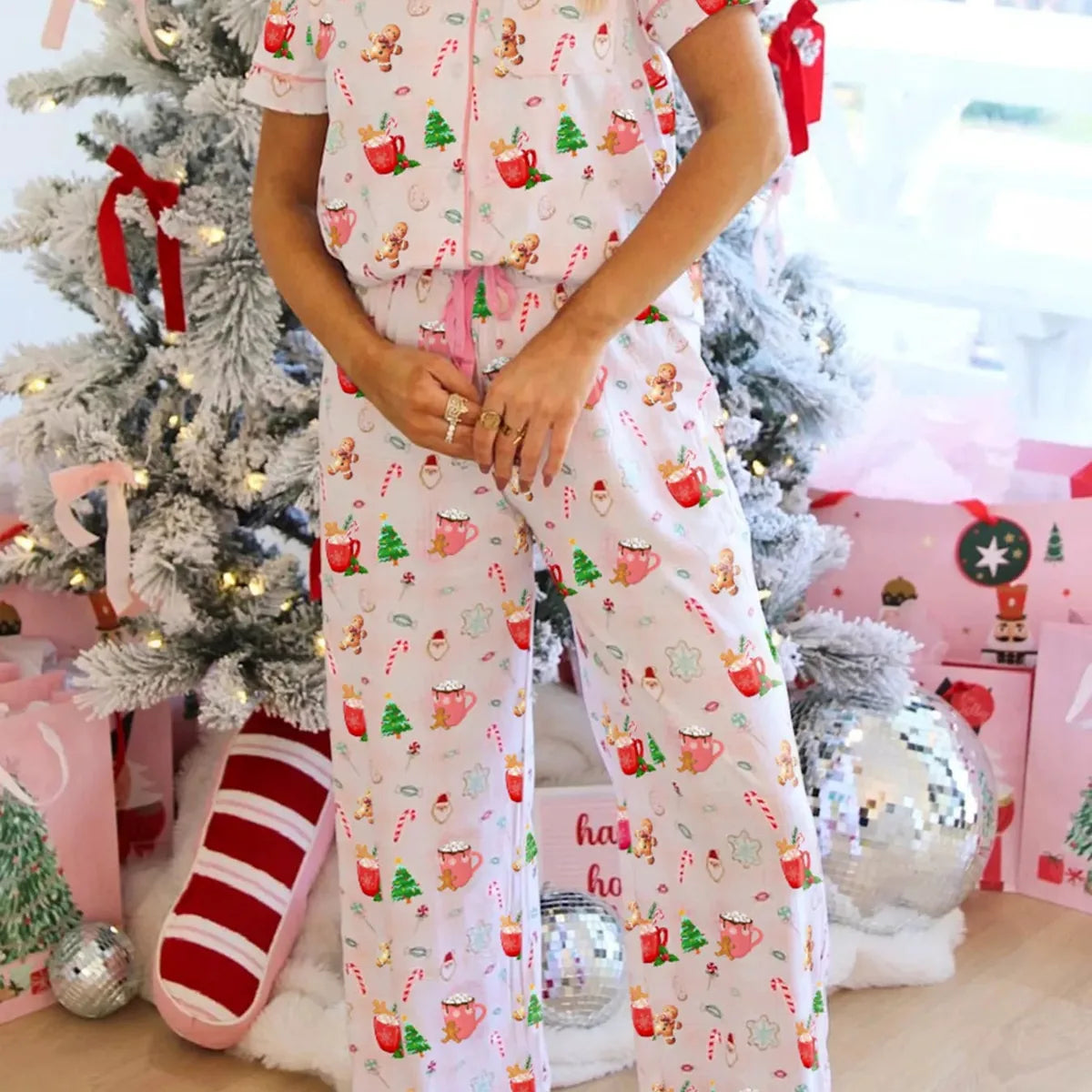 Christmas Spirit Cute Holiday Print Short Sleeve Shirt and P — square view — Livostyle