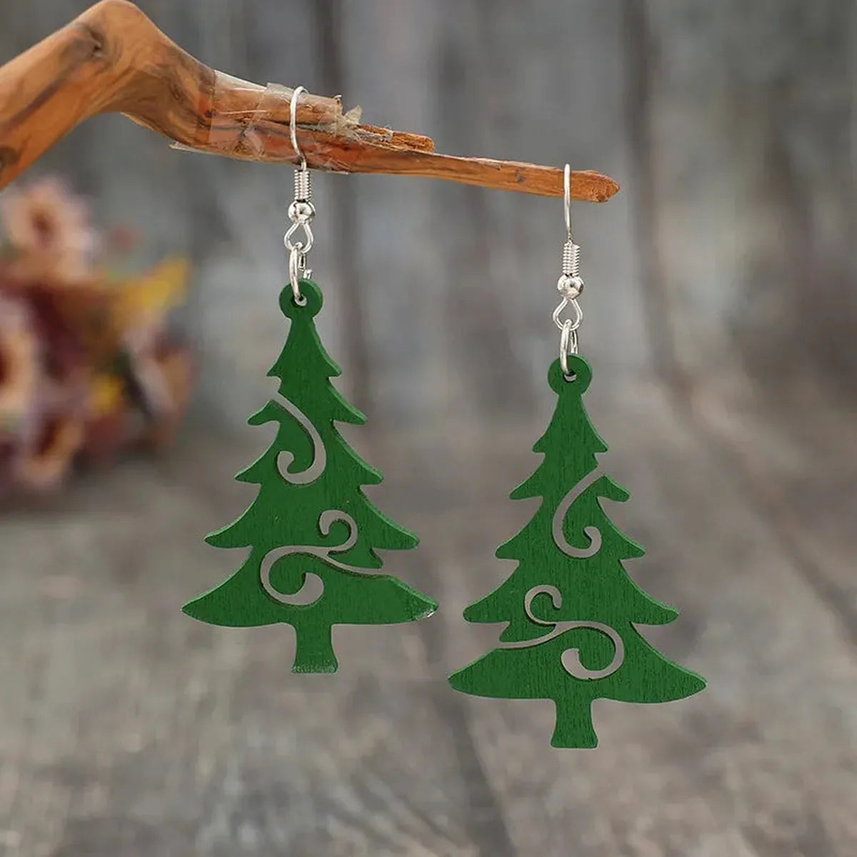 Christmas Tree Wooden Earrings — square view — Livostyle