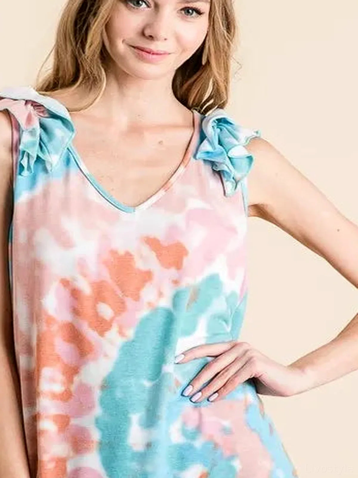 Chic Tie-Dye V-Neck Top with Ruffle Detail — detail view — Livostyle