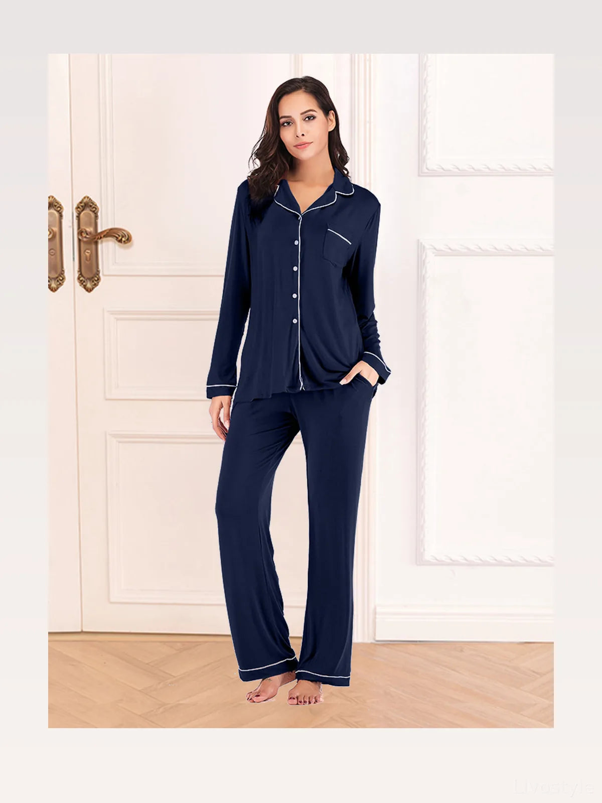 Collared Neck Long Sleeve Loungewear Set with Pockets — styled showcase — Livostyle