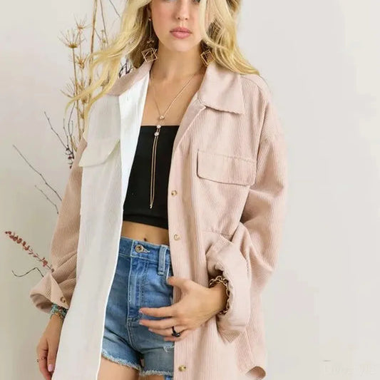 Trendy Oversized Color Block Corduroy Shacket — square view — Livostyle
