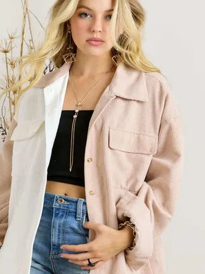 Trendy Oversized Color Block Corduroy Shacket — detail view — Livostyle
