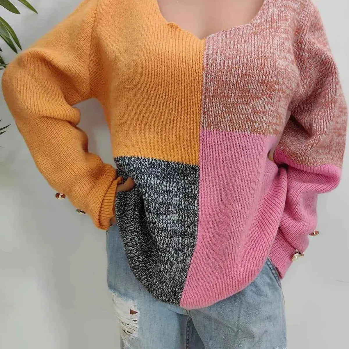 Color Block Decorative Button Long Sleeve Sweater — square view — Livostyle