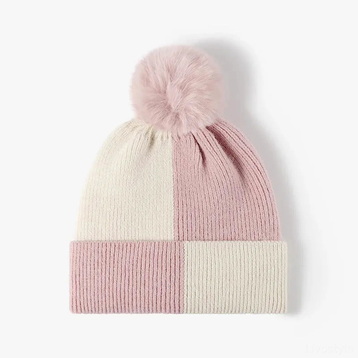 Color Block Knit Hat with Pom-pom — square view — Livostyle