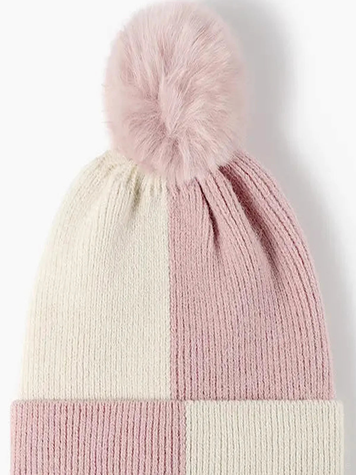 Color Block Knit Hat with Pom-pom — detail view — Livostyle