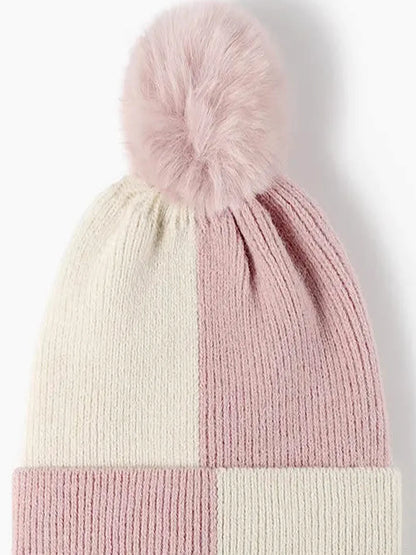 Color Block Knit Hat with Pom-pom — detail view — Livostyle