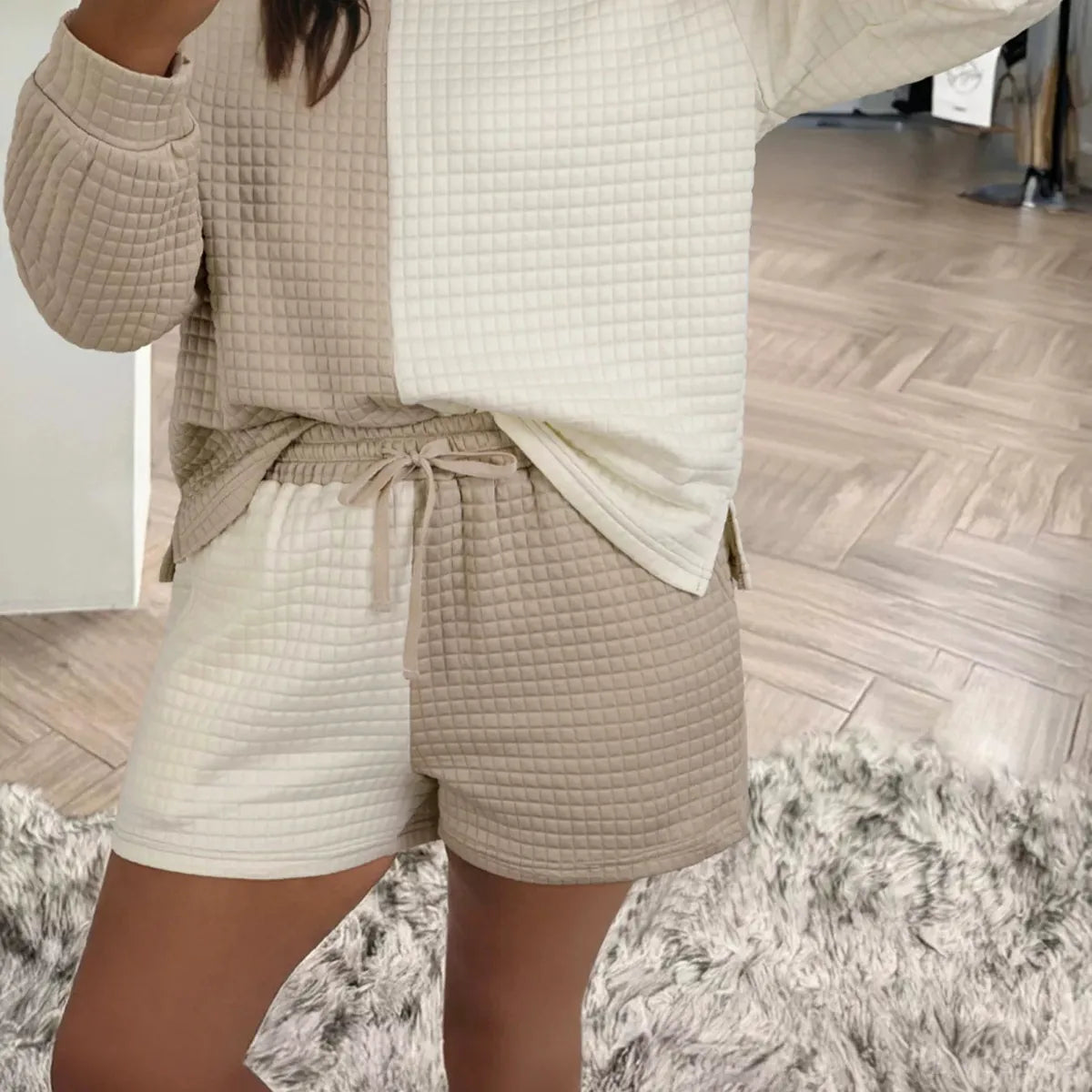 Color Block Patchwork Waffle Knit Top and Shorts Lounge Set