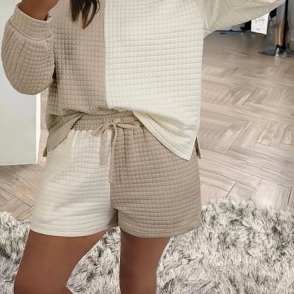 Color Block Patchwork Waffle Knit Top and Shorts Lounge Set