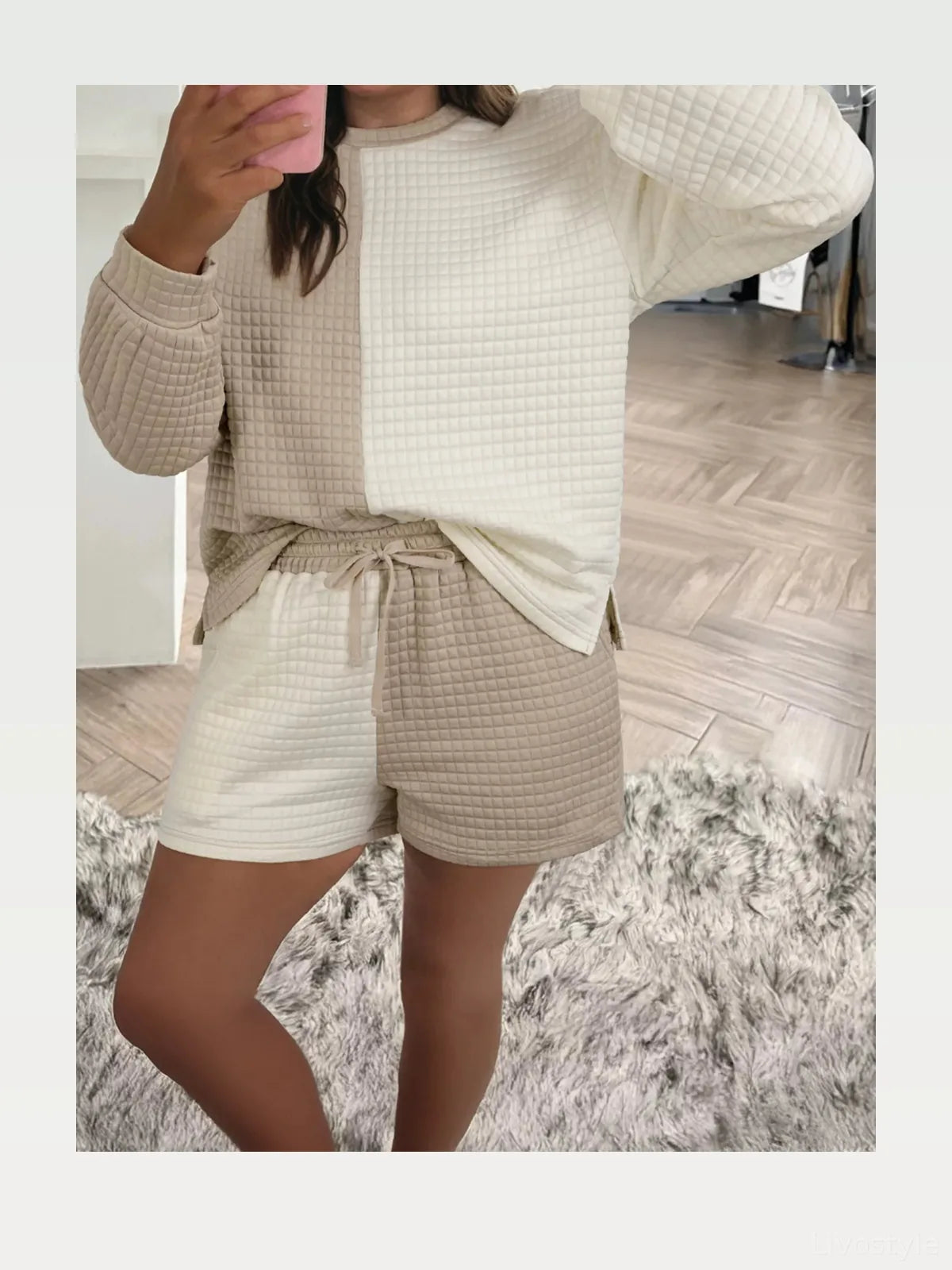 Color Block Patchwork Waffle Knit Top and Shorts Lounge Set – photo 3