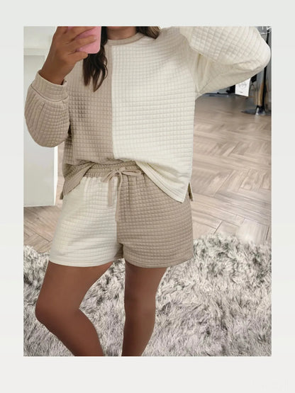 Color Block Patchwork Waffle Knit Top and Shorts Lounge Set – photo 3