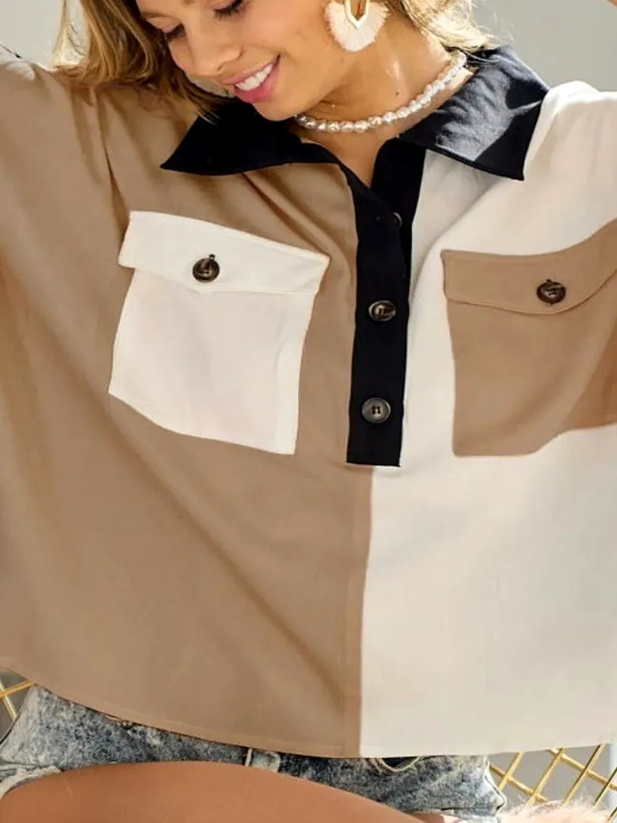 Trendy Color Block Dolman Sleeve Top with Quarter Neck — detail view — Livostyle