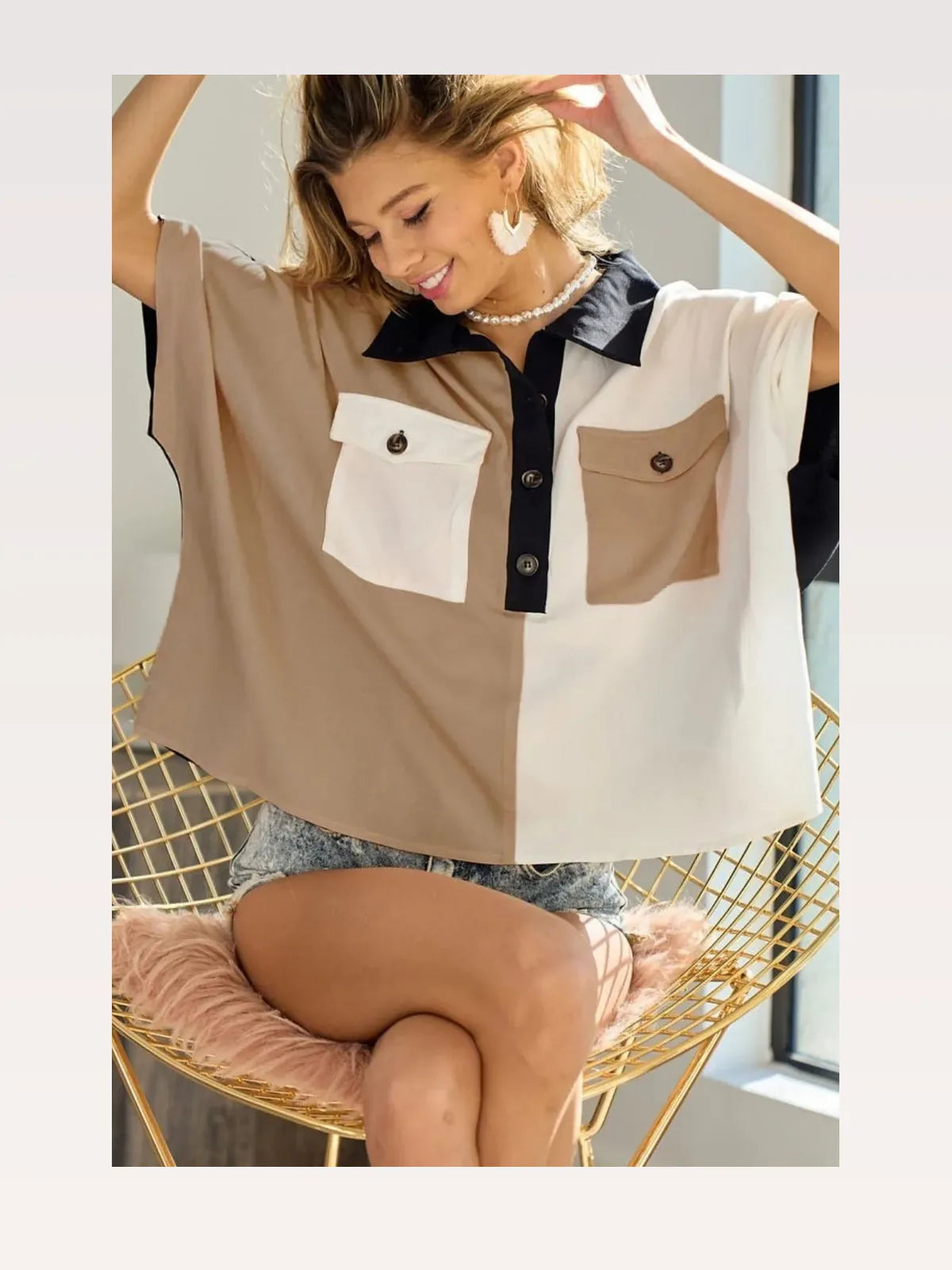 Trendy Color Block Dolman Sleeve Top with Quarter Neck — styled showcase — Livostyle