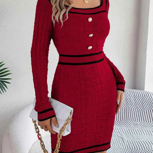 Contrast Trim Long Sleeve Sweater Dress — square view — Livostyle