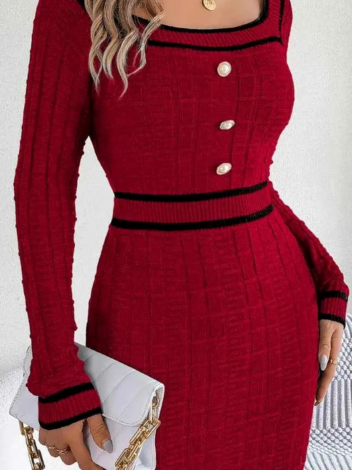 Contrast Trim Long Sleeve Sweater Dress — detail view — Livostyle
