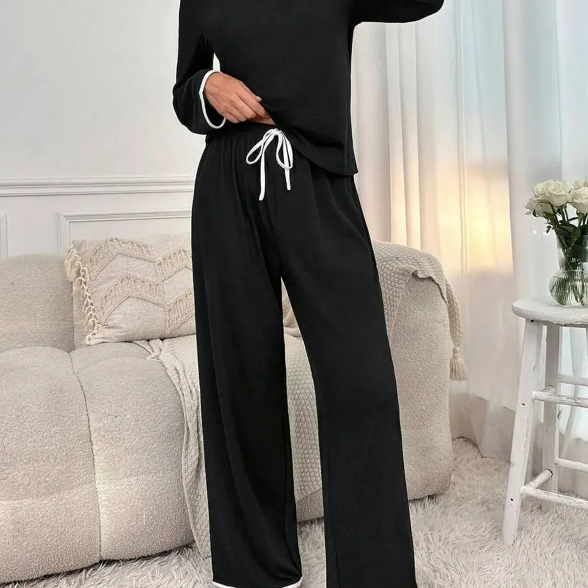 Contrast Trim Notched Long Sleeve Top and Pants Lounge Set — square view — Livostyle
