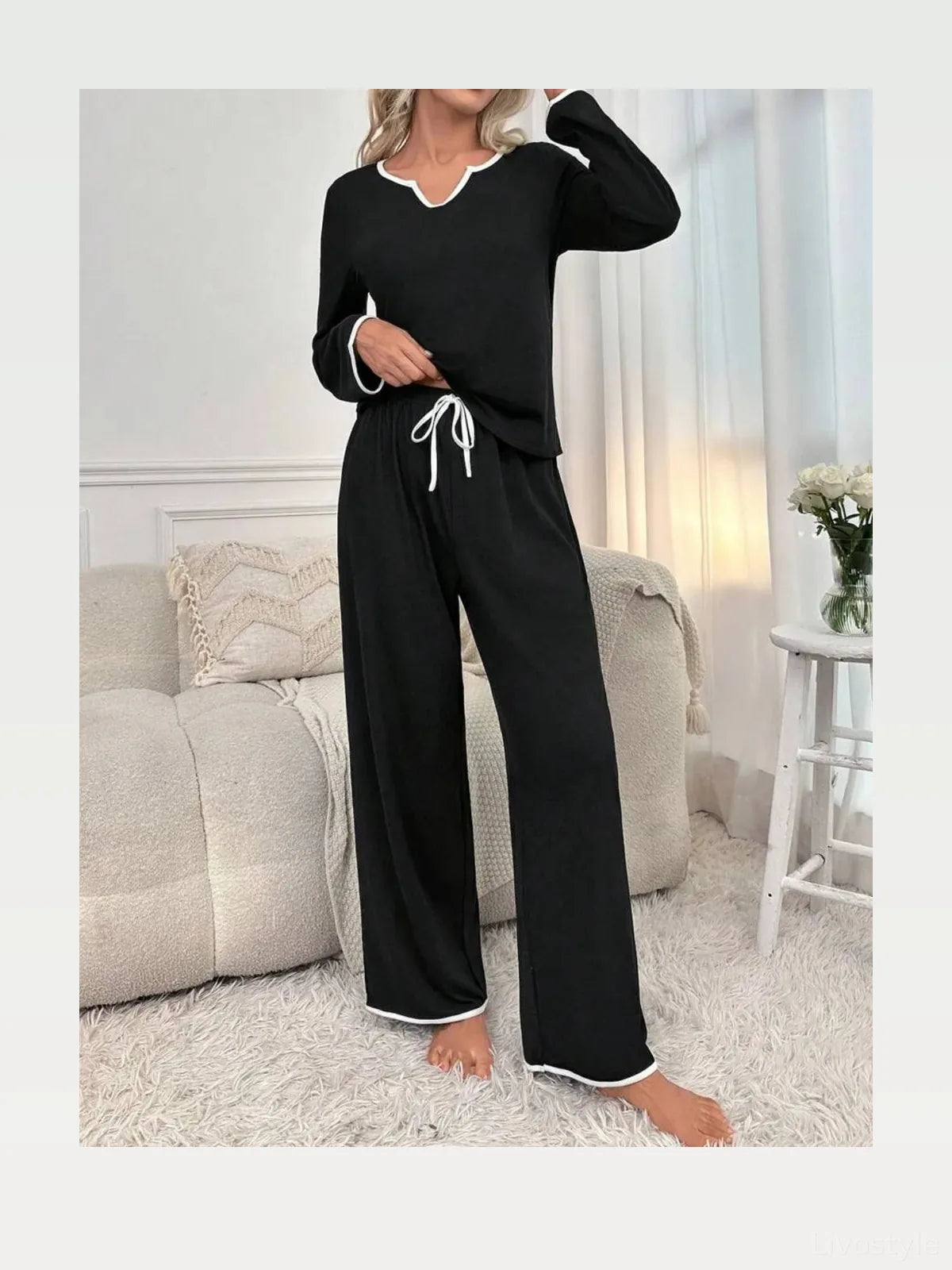Contrast Trim Notched Long Sleeve Top and Pants Lounge Set — styled showcase — Livostyle