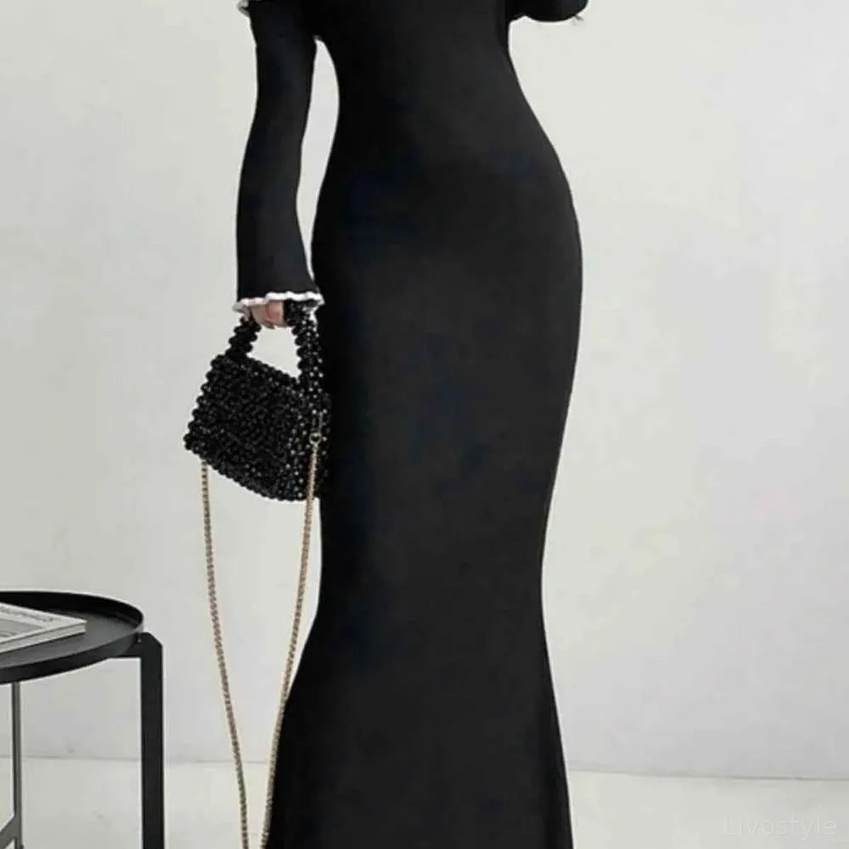 Contrast Trim Off-Shoulder Long Sleeve Maxi Sweater Dress — square view — Livostyle