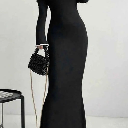 Contrast Trim Off-Shoulder Long Sleeve Maxi Sweater Dress — square view — Livostyle