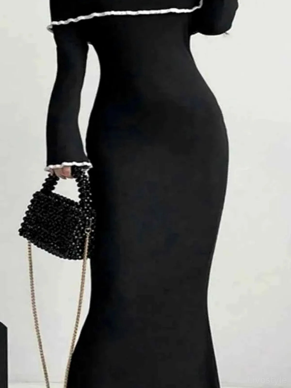 Contrast Trim Off-Shoulder Long Sleeve Maxi Sweater Dress — detail view — Livostyle