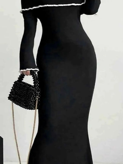 Contrast Trim Off-Shoulder Long Sleeve Maxi Sweater Dress — detail view — Livostyle
