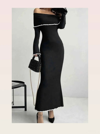 Contrast Trim Off-Shoulder Long Sleeve Maxi Sweater Dress — styled showcase — Livostyle