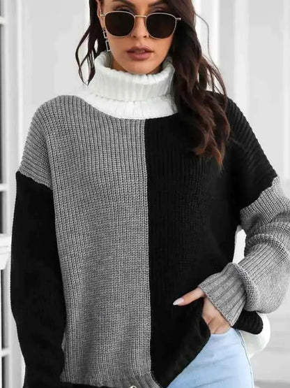Contrast Turtleneck Long Sleeve Sweater — detail view — Livostyle