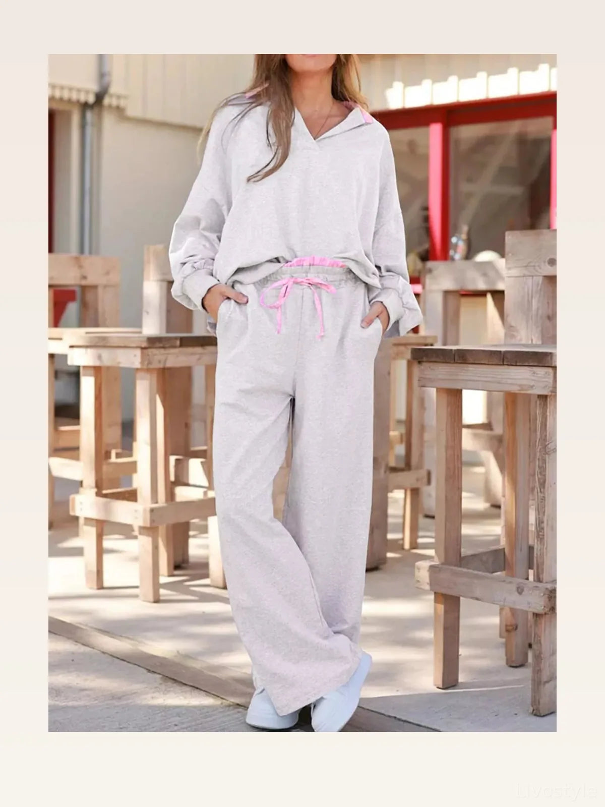 Contrasted Trim Frilled Collar Drop Shoulder Top and Drawstr — styled showcase — Livostyle