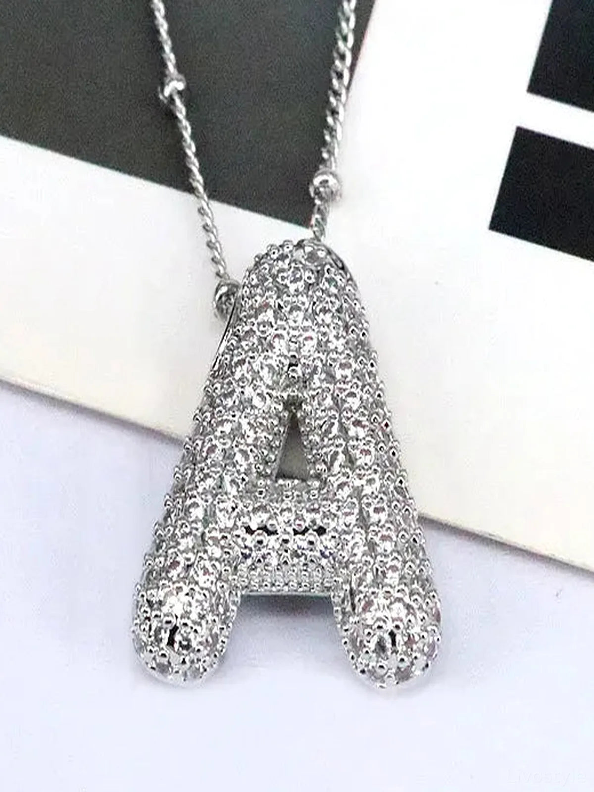 Copper Inlaid Zircon Letter A Pendant Necklace — detail view — Livostyle