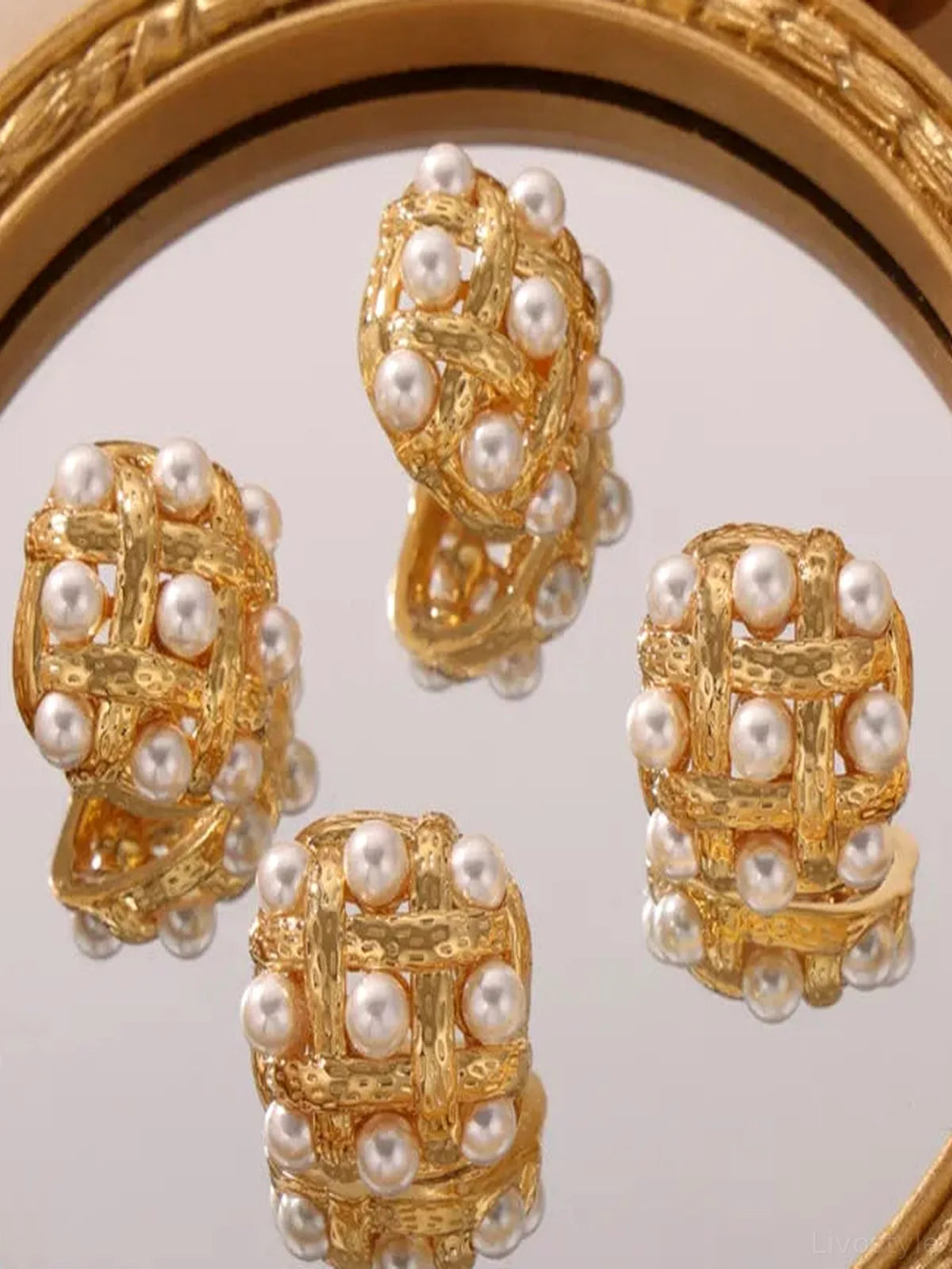 Copper Shell Pearl Stud Earrings — detail view — Livostyle