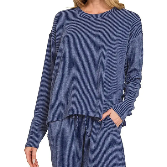 Corded Rib Long-Sleeve Tee & Shorts Set — square view — Livostyle