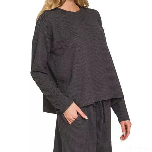 Corded Rib Long Sleeve Tee and Shorts Set in BLACK — square view — Livostyle