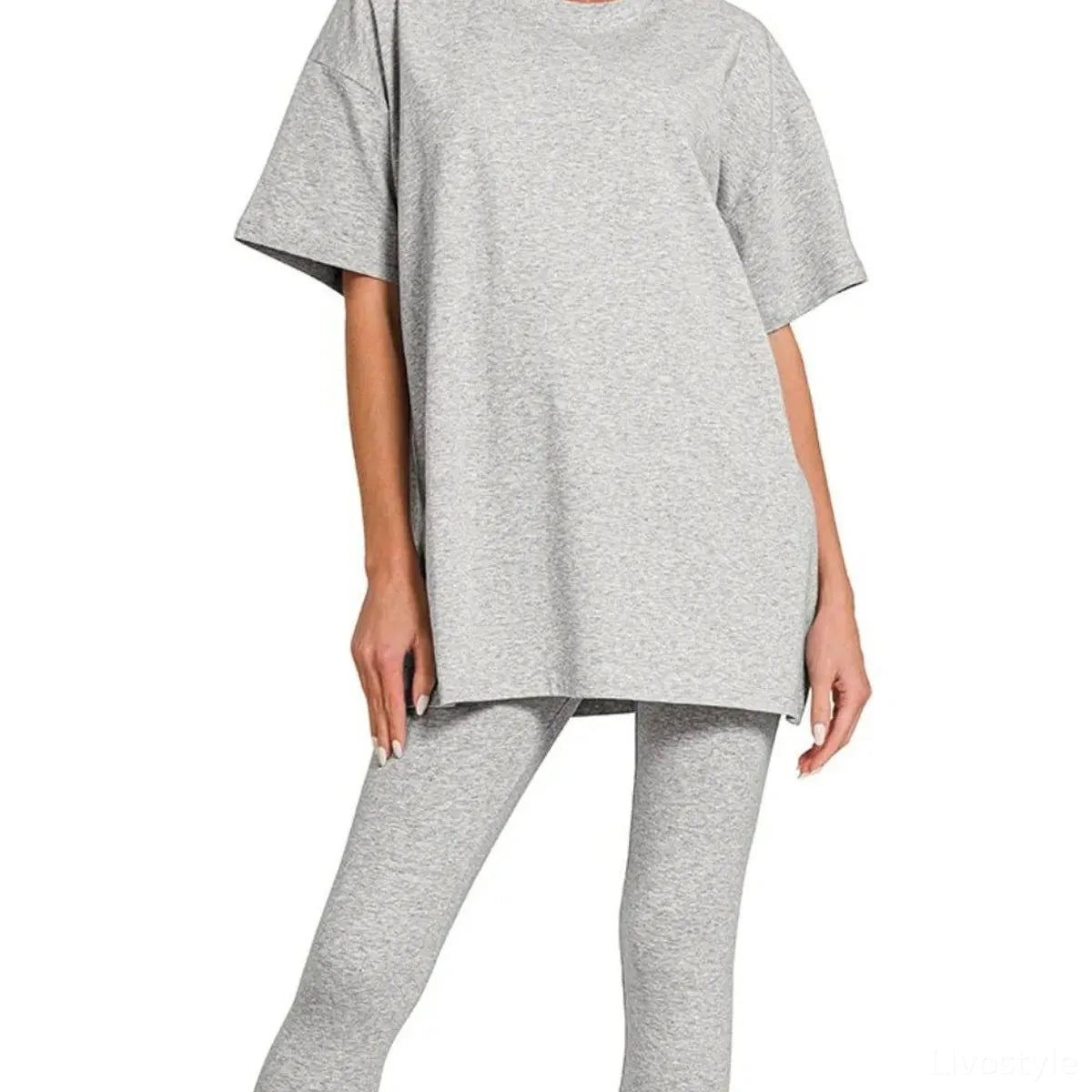 Cotton Round Neck Top & Legging Set in H Grey — square view — Livostyle
