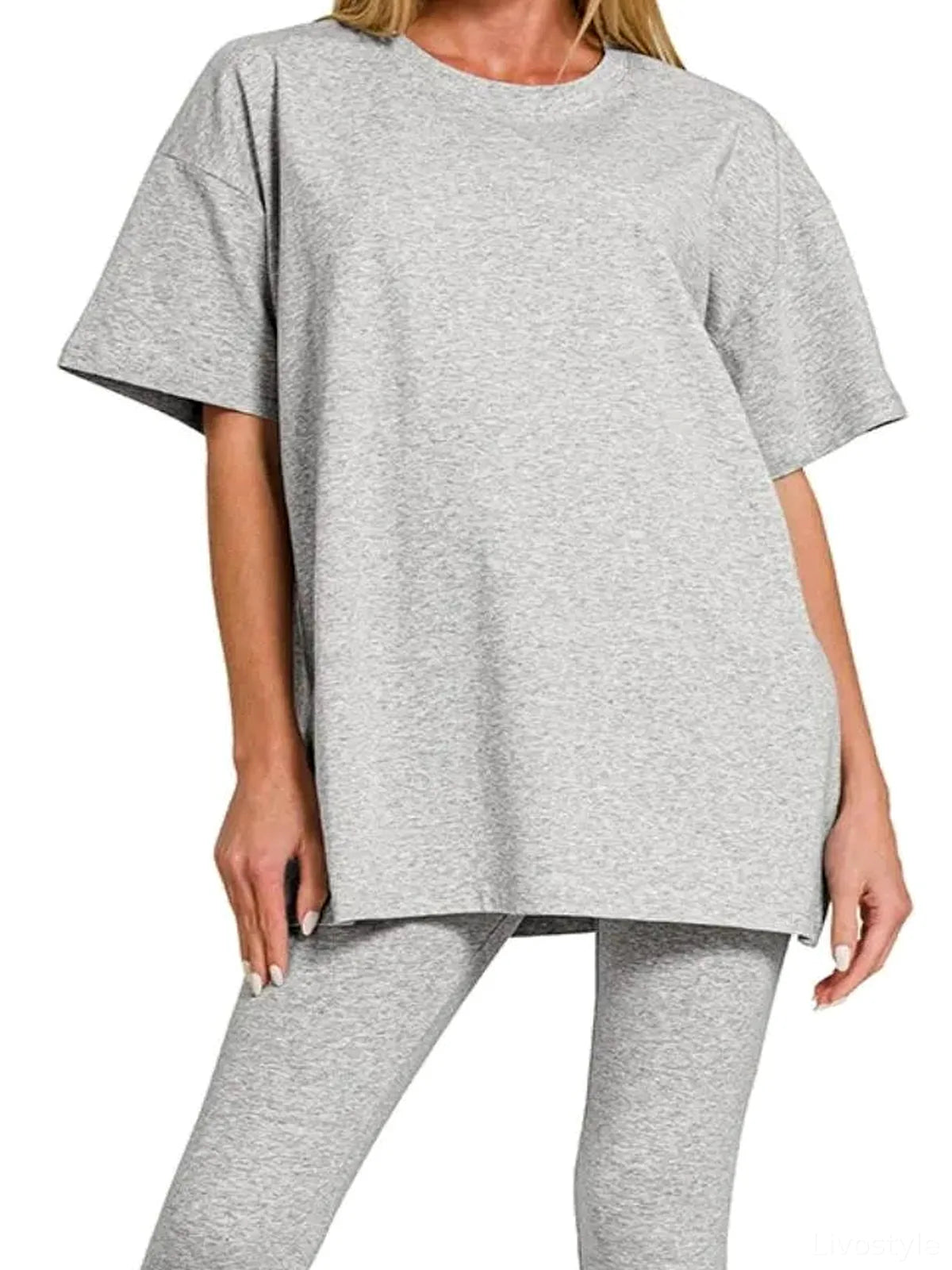 Cotton Round Neck Top & Legging Set in H Grey — detail view — Livostyle