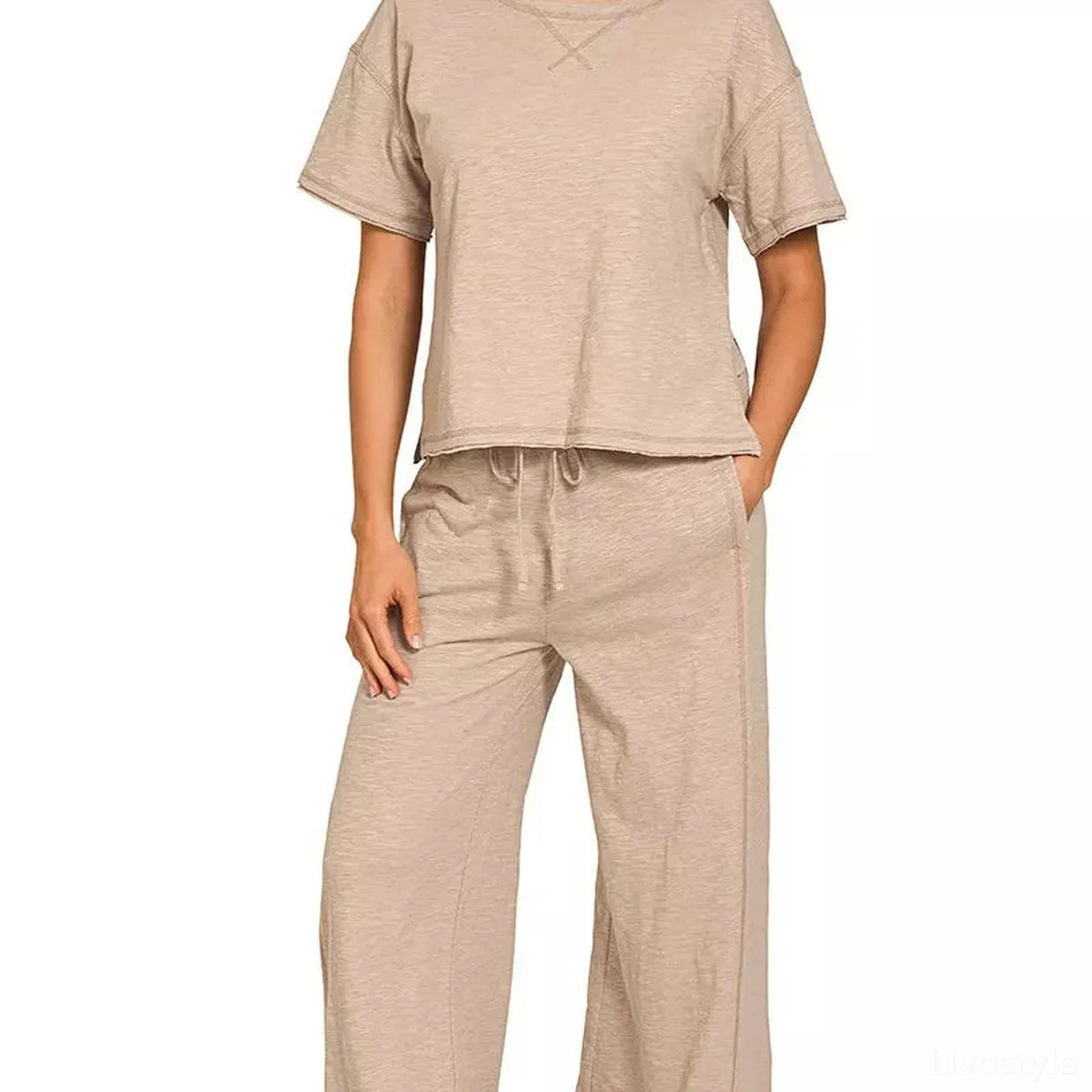 Cotton Slub Short Sleeve Tee and Pants Set in Ash Mocha — square view — Livostyle