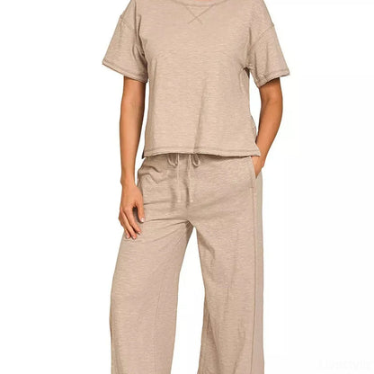 Cotton Slub Short Sleeve Tee and Pants Set in Ash Mocha — square view — Livostyle