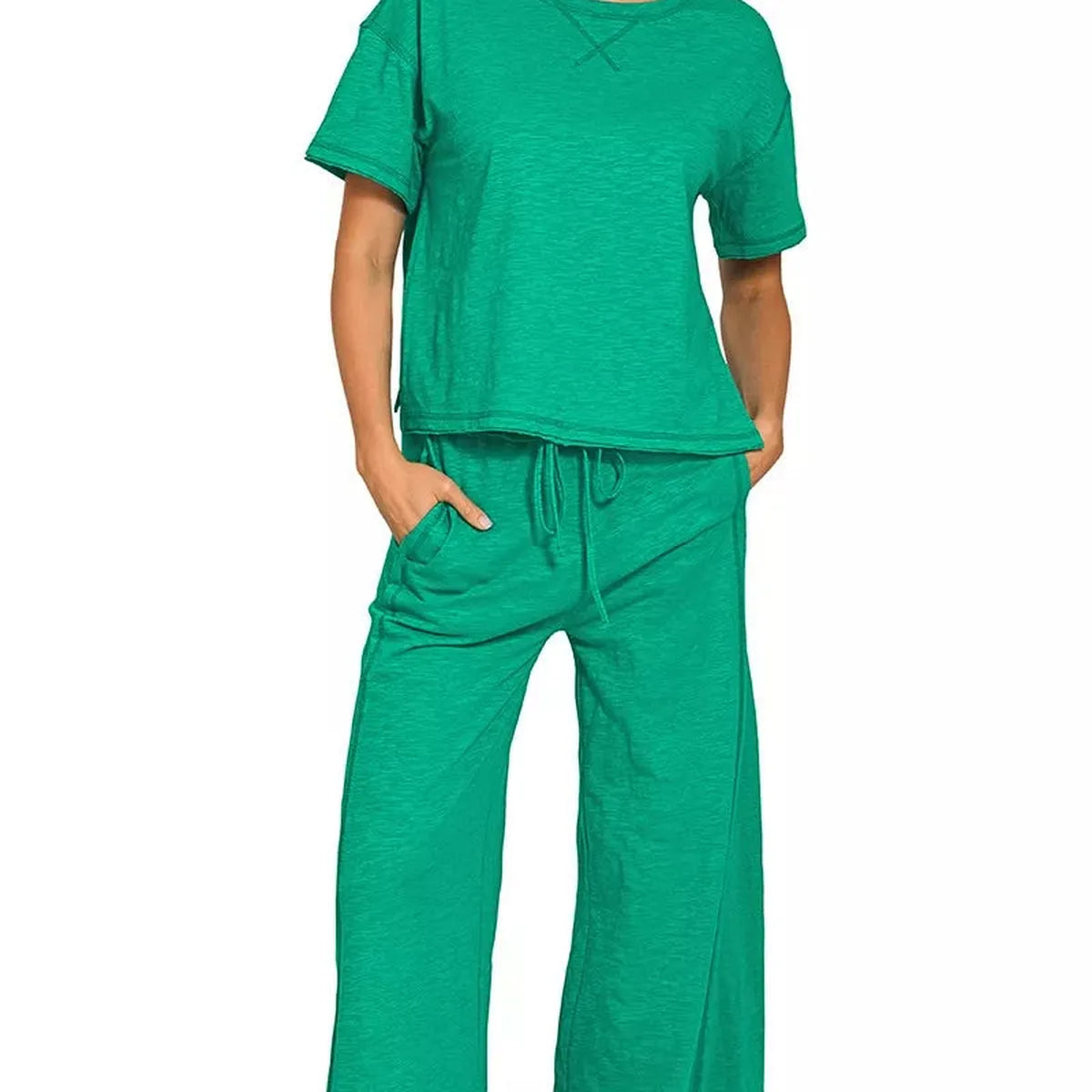 Cotton Slub Short Sleeve Tee and Pants Set in K Green — square view — Livostyle