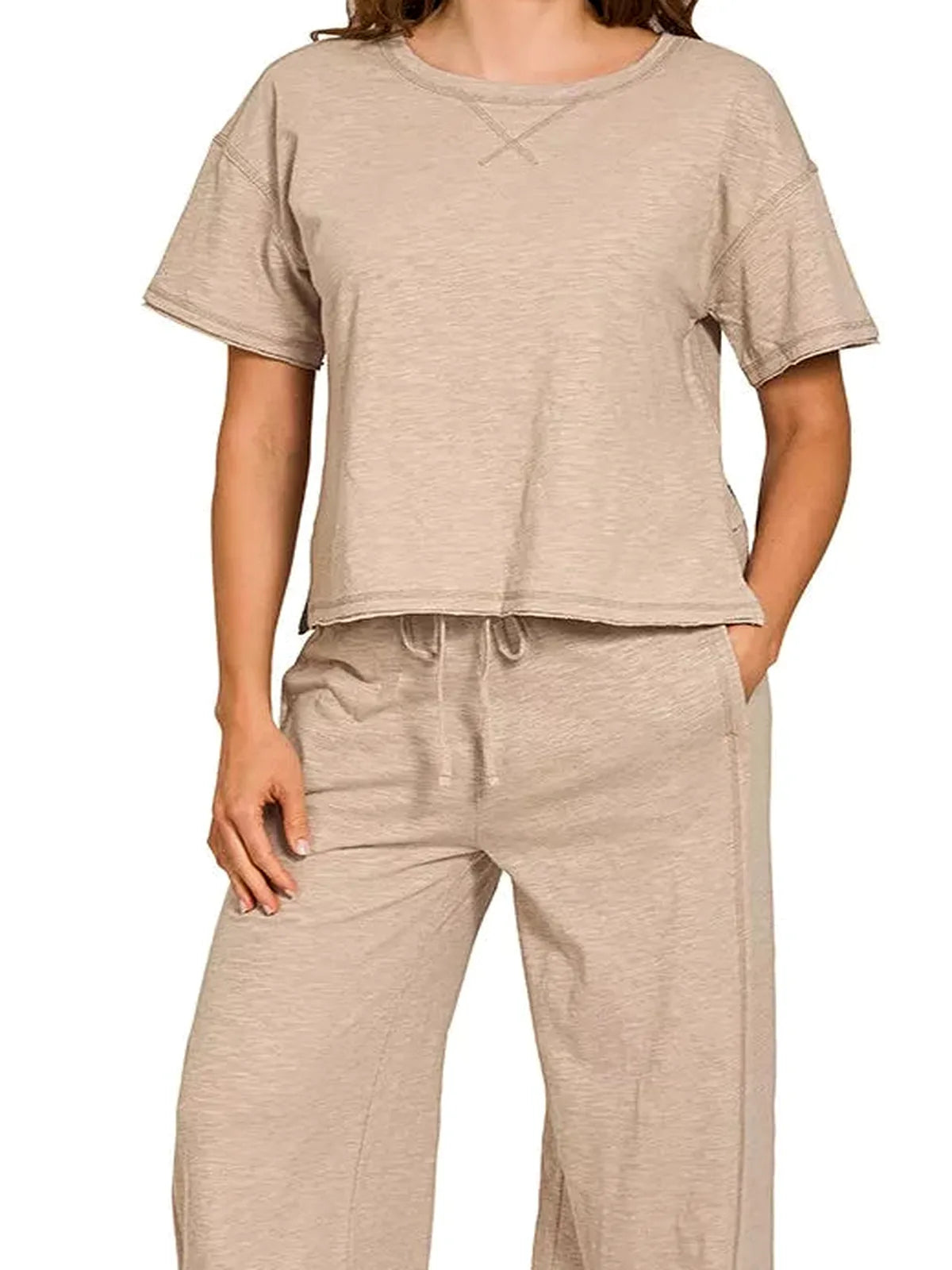 Cotton Slub Short Sleeve Tee and Pants Set in Ash Mocha — detail view — Livostyle