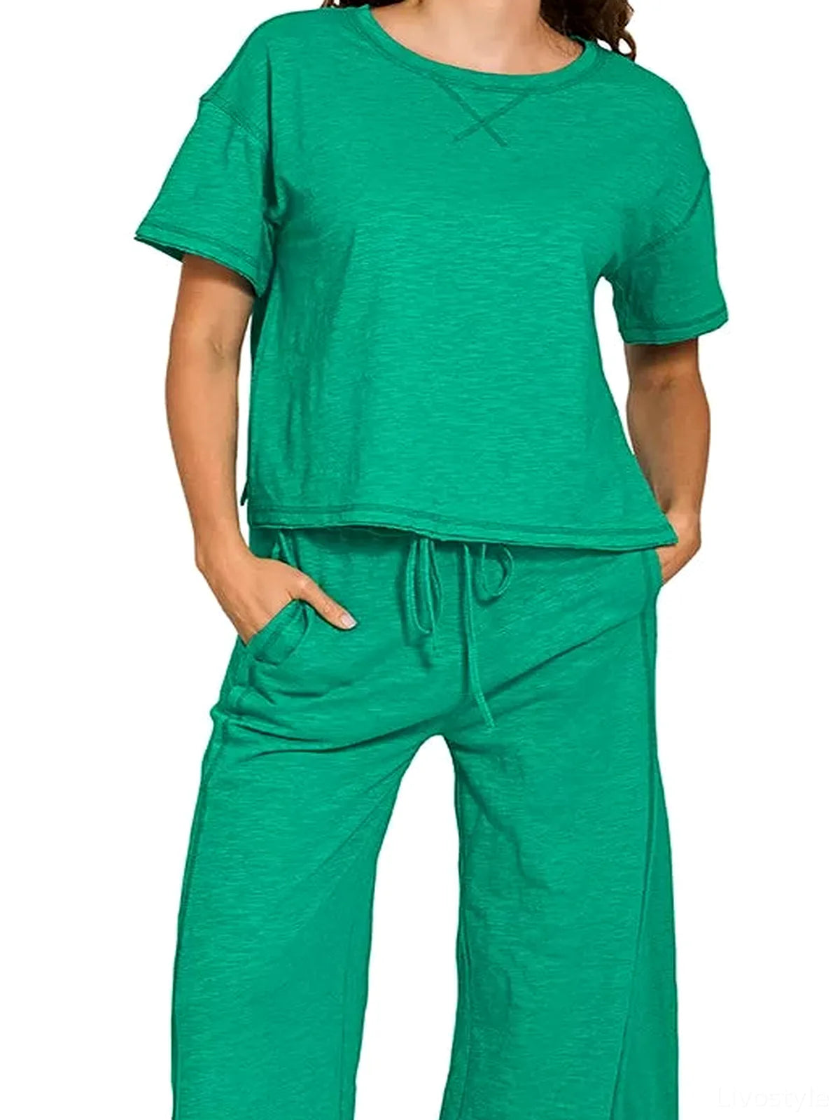Cotton Slub Short Sleeve Tee and Pants Set in K Green — detail view — Livostyle