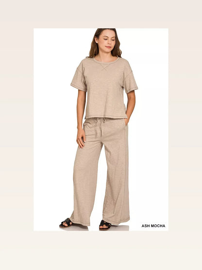 Cotton Slub Short Sleeve Tee and Pants Set in Ash Mocha — styled showcase — Livostyle