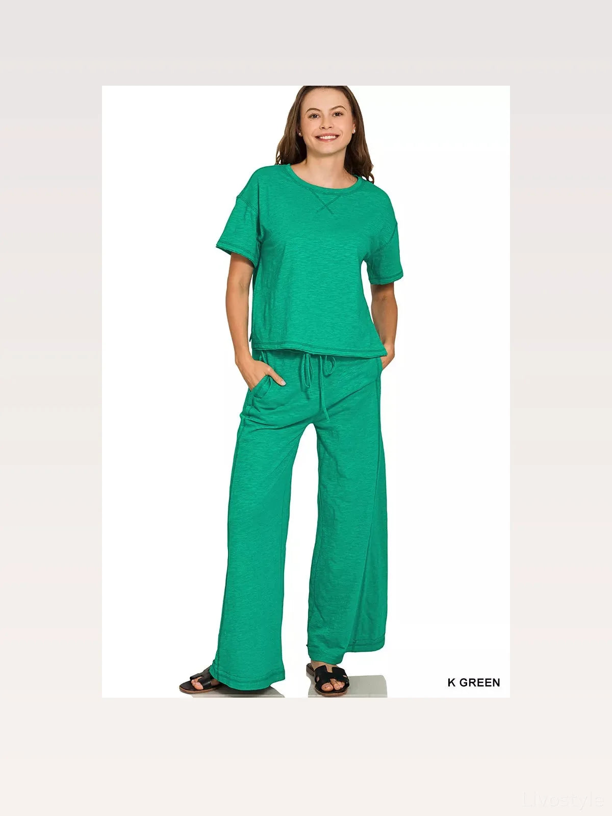 Cotton Slub Short Sleeve Tee and Pants Set in K Green — styled showcase — Livostyle