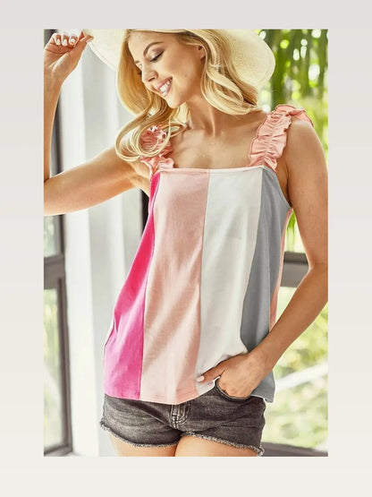 Stylish Cotton-Span Ruffle Shoulder Tank in Color Block Desi — styled showcase — Livostyle