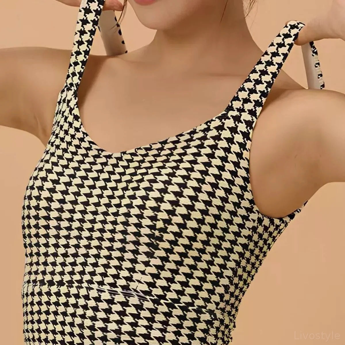 Crisscross Back Houndstooth Active Bra — square view — Livostyle