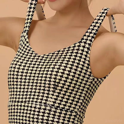 Crisscross Back Houndstooth Active Bra — square view — Livostyle