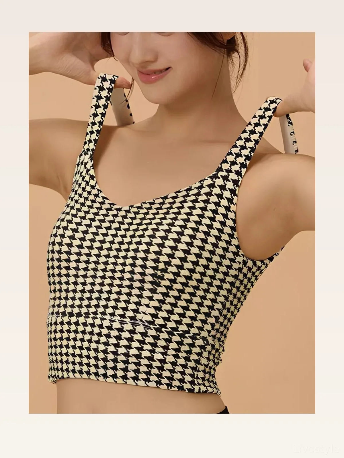 Crisscross Back Houndstooth Active Bra — styled showcase — Livostyle