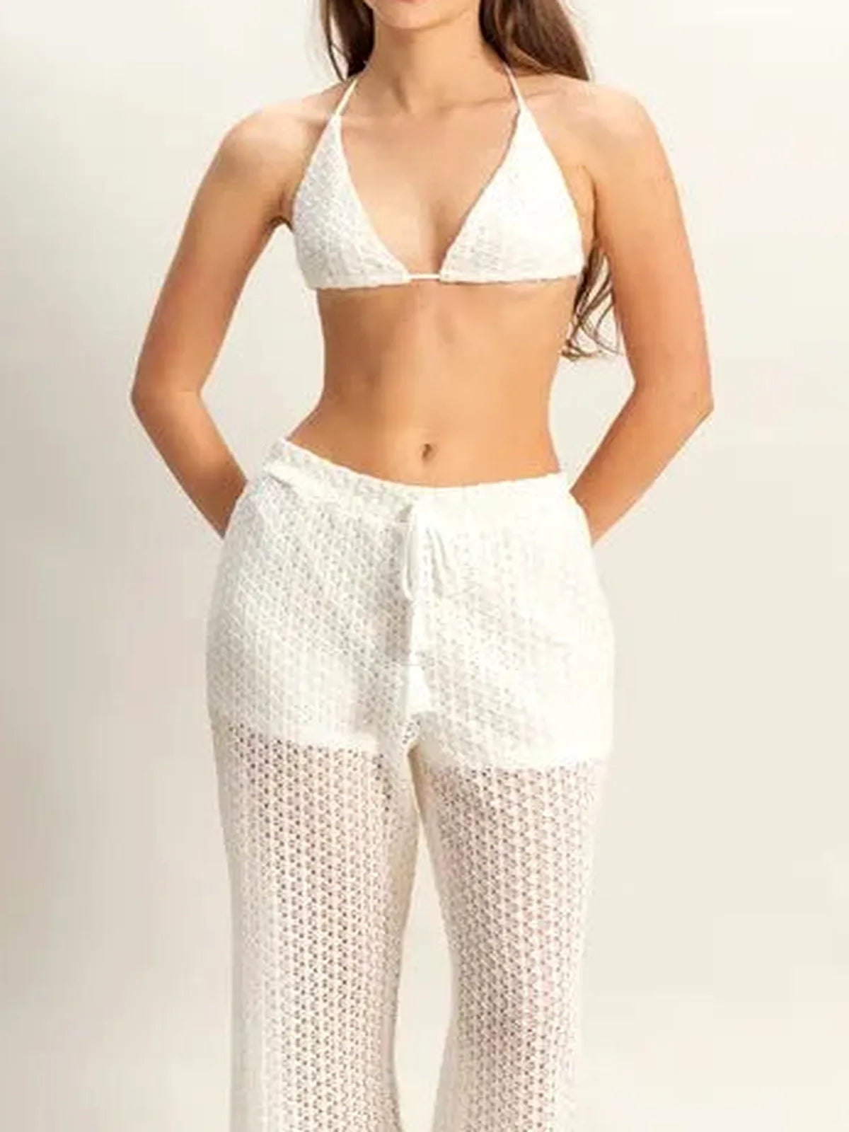 Crochet Bra and Drawstring Pants Set — detail view — Livostyle
